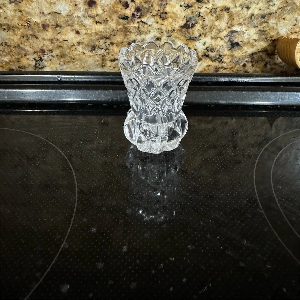 Vintage Clear Pressed Glass Toothpick Holder Diamond Cut Scalloped Rim